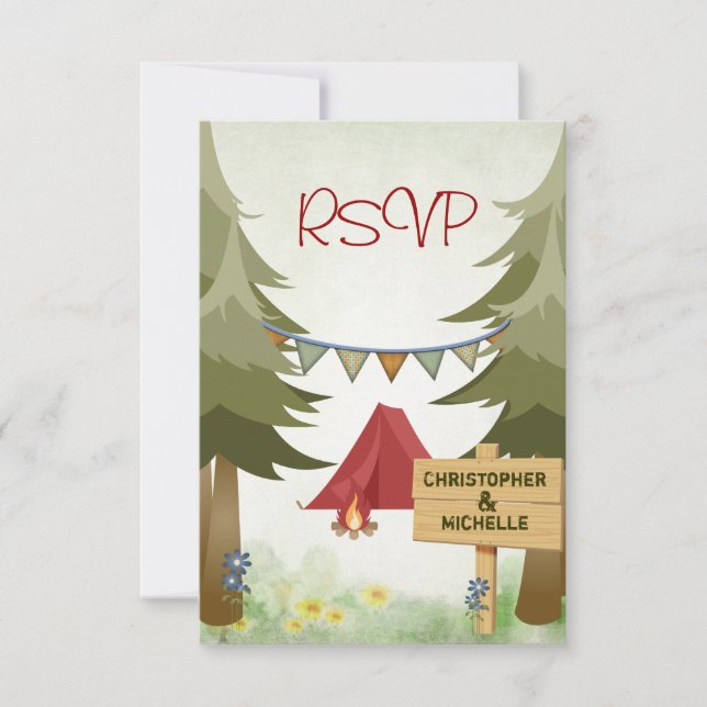 Tents and Campfire Woodland Camping Wedding RSVP Card (Front)