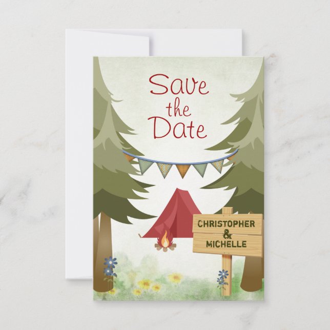 Tents and Campfire Woodland Camping Wedding Save The Date (Front)