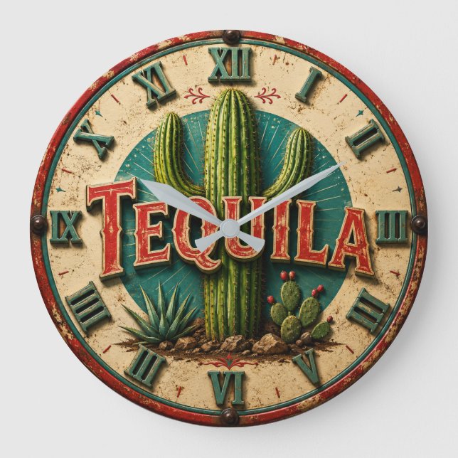 Tequila Cactus Rustic Mexican Bar Desert Home Gift Large Clock (Front)