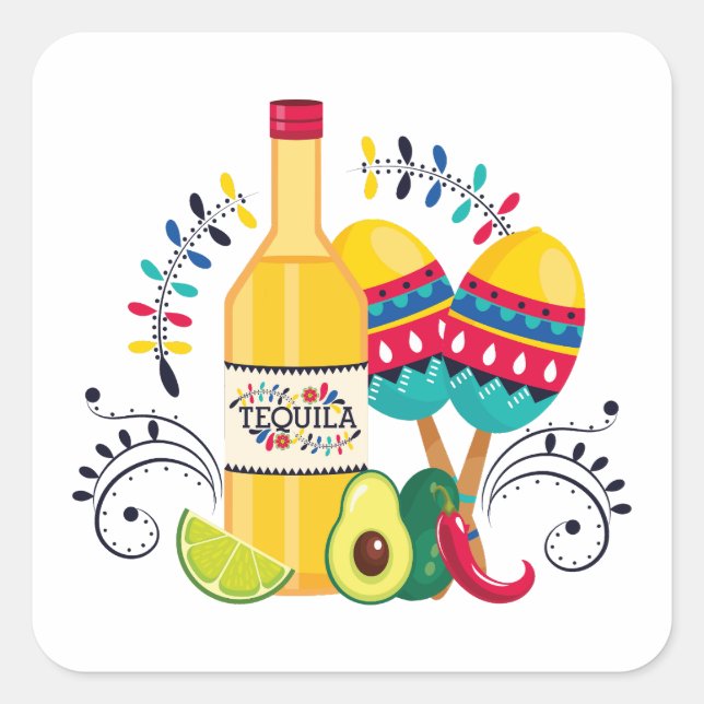 Tequila, Maracas Mexican Folk Art Square Sticker (Front)