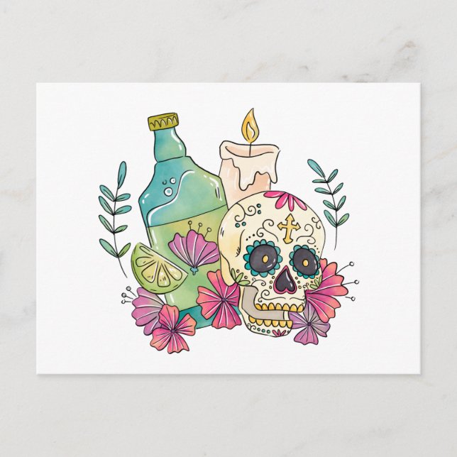 Tequila Sugar Skull Holiday Postcard (Front)
