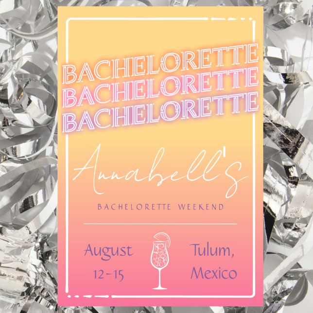 Tequila Sunrise Bachelorette Weekend Itinerary Invitation (tequila sunrise cocktail themed bachelorette party weekend invitation and itinerary Tulum Mexico )