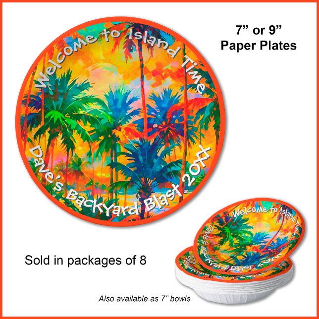 [Tequila Sunrise] Tropical Island Time Party Paper Plate (You can customize the optional text and choose your own border color.)