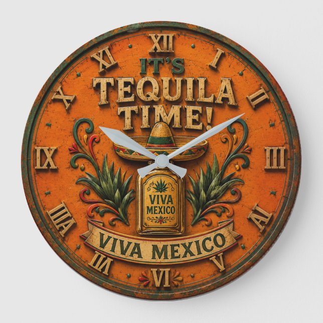 Tequila Time Viva Mexico Bar Decor Mexican Rustic Large Clock (Front)