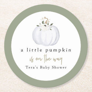 TERA Fall Greenery White Pumpkin Baby Shower Round Paper Coaster