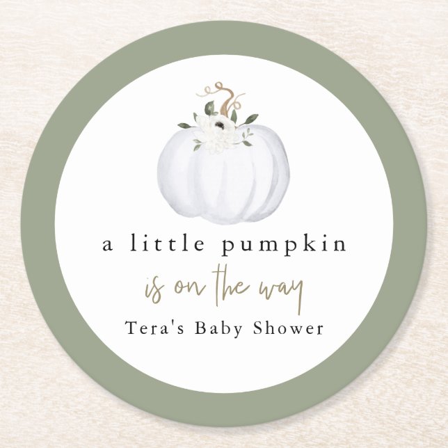 TERA Fall Greenery White Pumpkin Baby Shower Round Paper Coaster (Front)