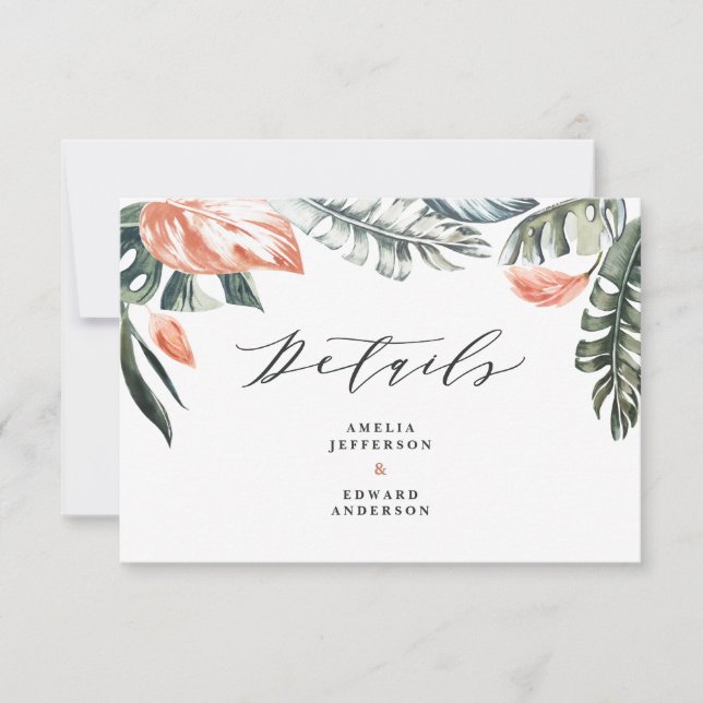 teracotta tropical leaf foliage wedding detail RSVP card (Front)