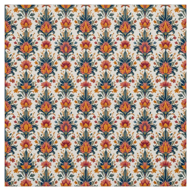 Terra Cotta and Green Vintage Damask Fabric (Swatch)