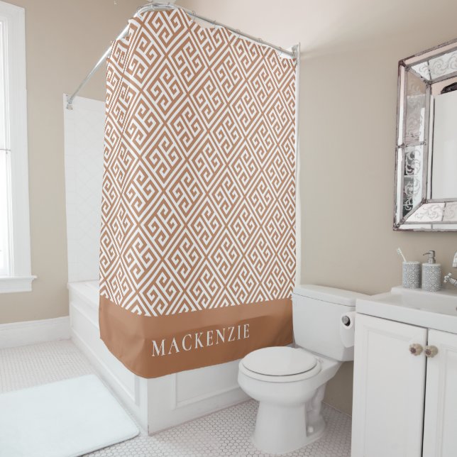Terra Cotta and White Greek Key Name Monogram Shower Curtain (In Situ)