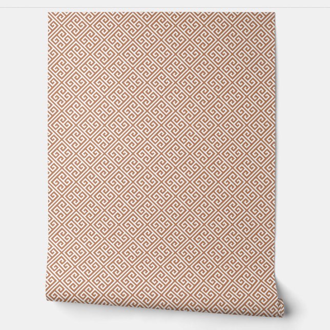 Terra Cotta and White Greek Key Pattern Wallpaper (Unrolling)