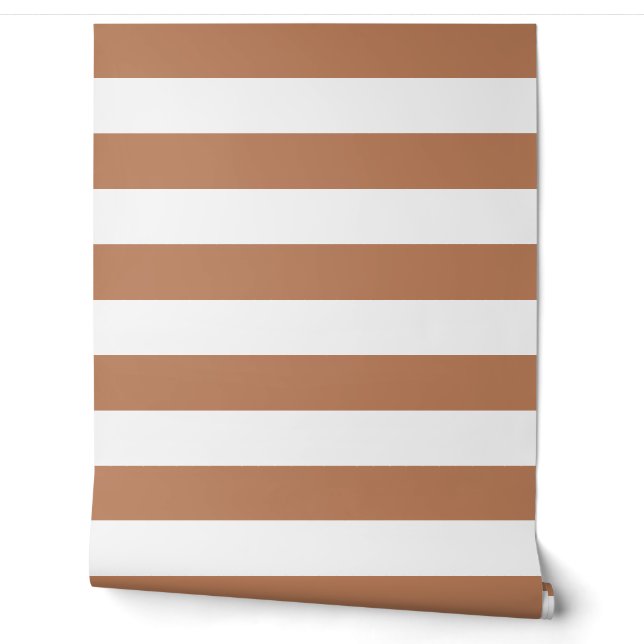 Terra Cotta and White Wide Horizontal Stripes Wallpaper (Unrolling)