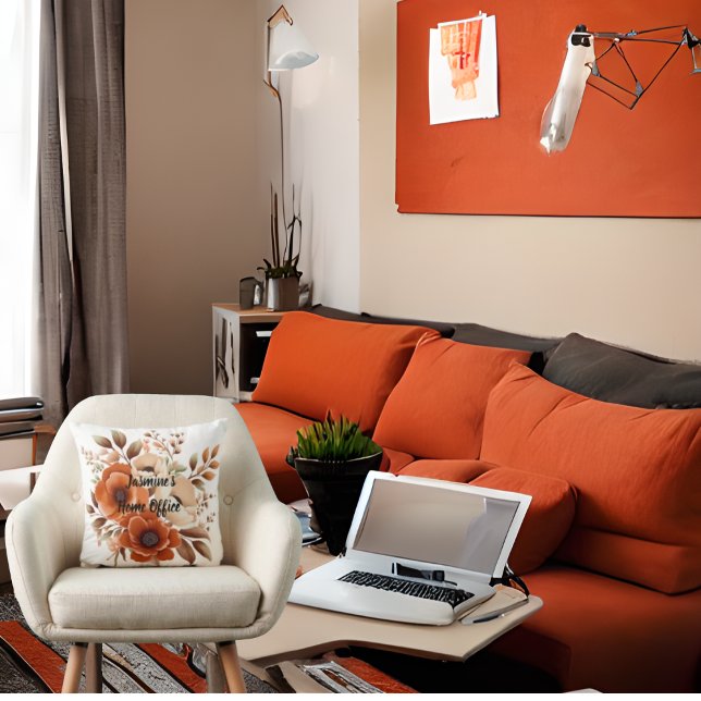 Terra Cotta, Beige, Brown Floral Home Office Quote Cushion (Home Office Throw Pillow
Personalized)