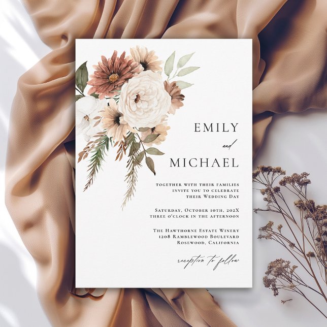 Terra Cotta Boho Floral Fall Wedding Invitation (Available in both printed and instant download digital formats.)