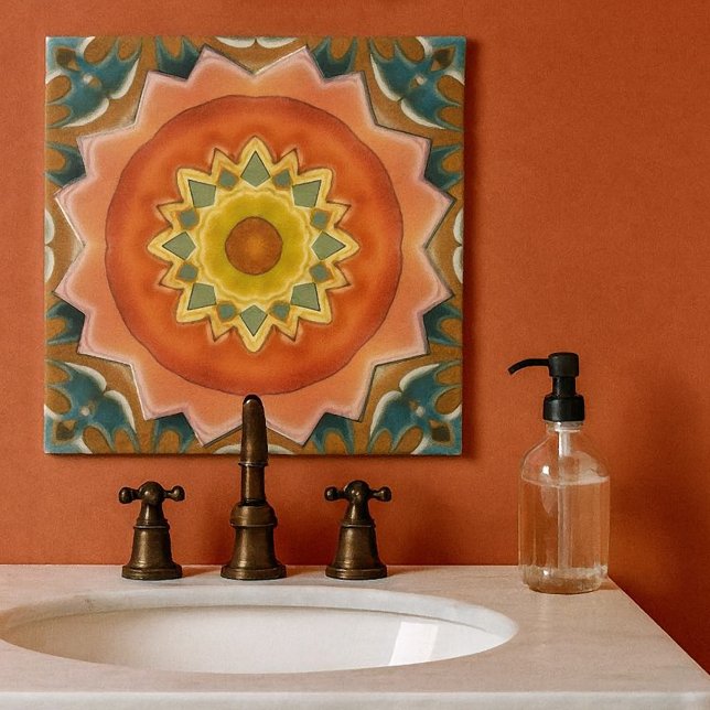 Terra Cotta Geometric Abstract Design Tile (Geometric abstract design tile in warm terra cotta and green earth colors. For kitchen or bathroom)