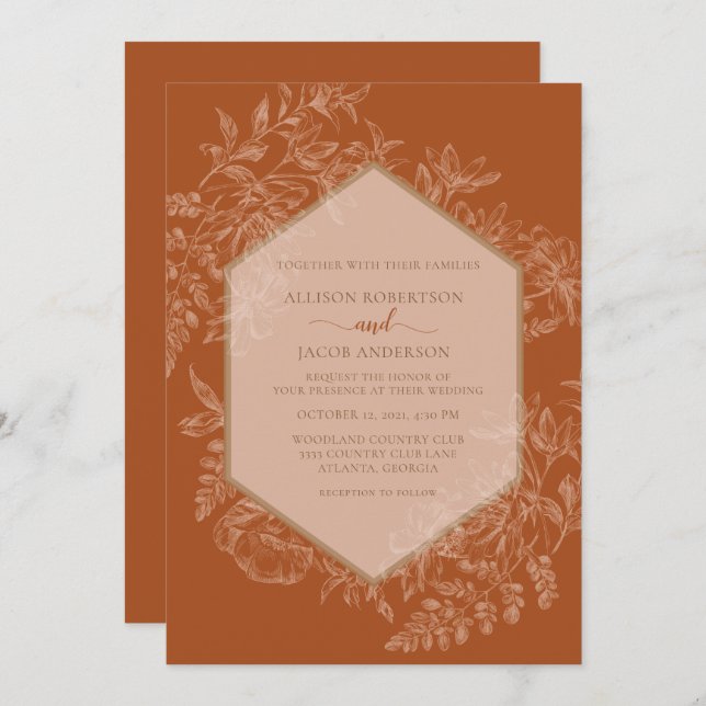 Terra Cotta Geometric Floral Wedding Invitation (Front/Back)