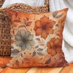 Terra Cotta Grey Floral Warm Earth Tones  Cushion