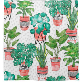 Terra cotta Pots Watercolor House Plants Seamless  Shower Curtain