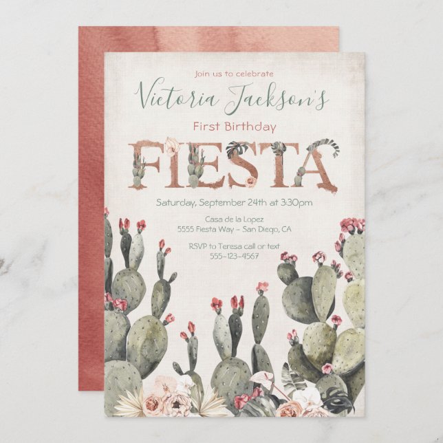 Terracota and Cactus Birthday Fiesta Party Invitation (Front/Back)