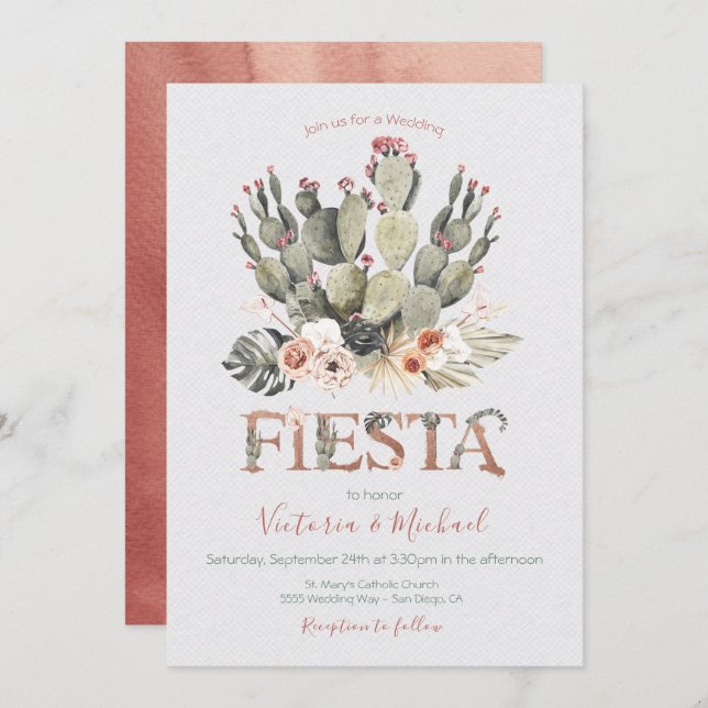 Terracota and Cactus Wedding Fiesta invitations (Front/Back)