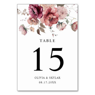 Terracota Burgundy Fall Boho Floral Peony Wedding Table Number