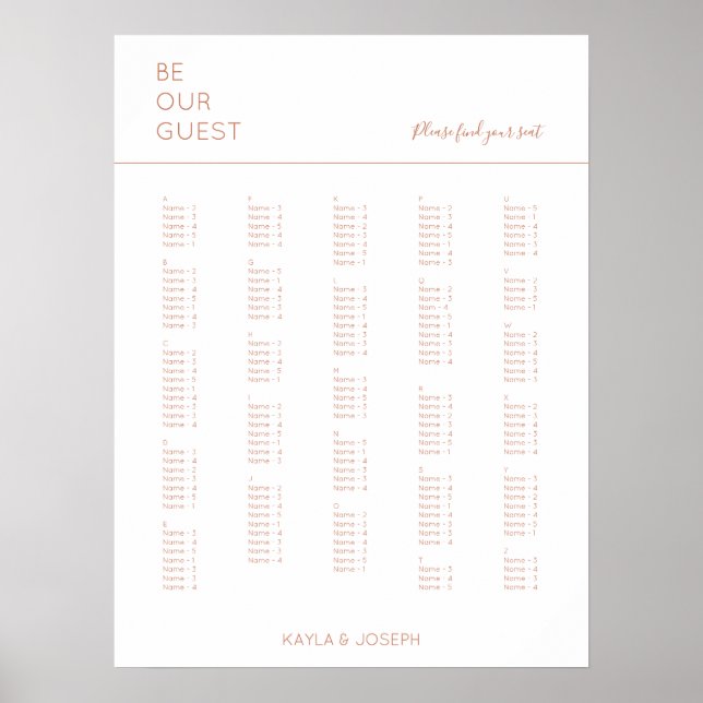 Terracota White Alphabetical Wedding Seating Chart (Front)