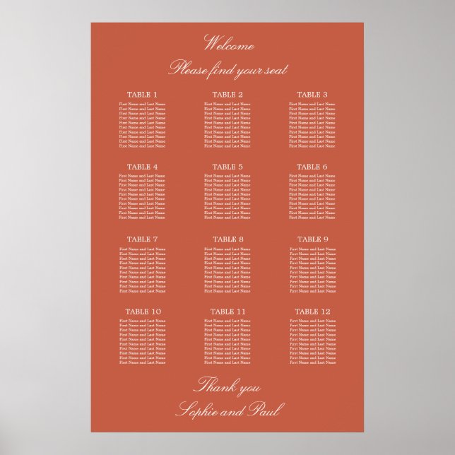 Terracotta 12 Table Wedding Seating Chart Poster (Front)