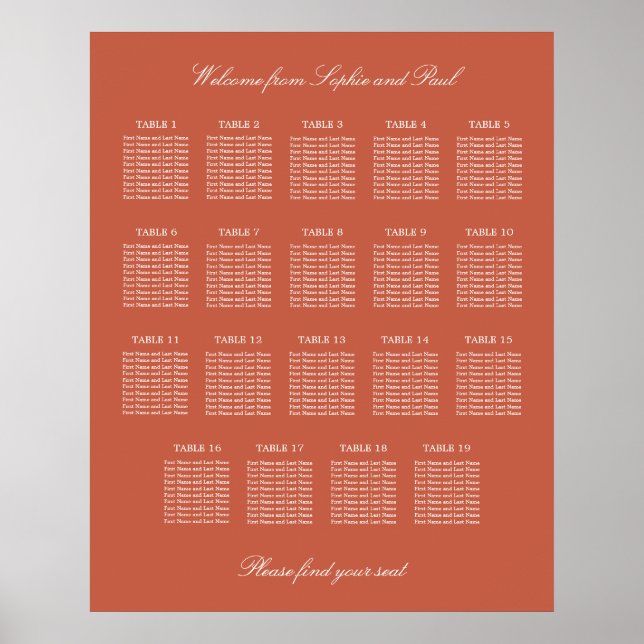 Terracotta 19 Table Wedding Seating Chart Poster (Front)