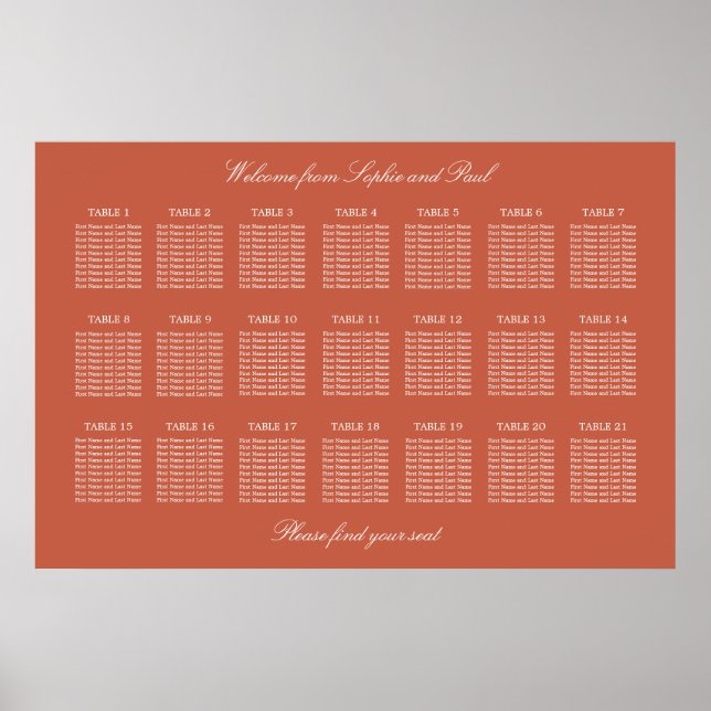 Terracotta 21 Table Wedding Seating Chart Poster (Front)