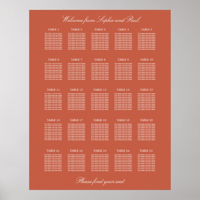 Terracotta 25 Table Wedding Seating Chart Poster (Front)