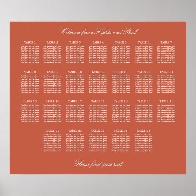 Terracotta 26 Table Wedding Seating Chart Poster (Front)