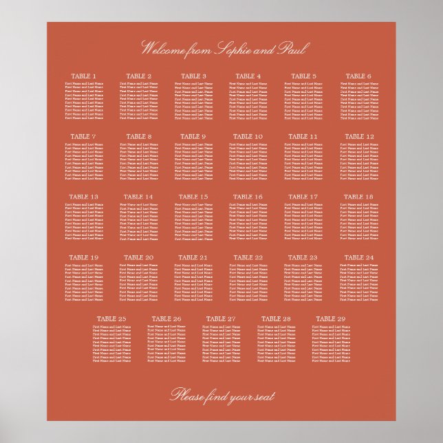 Terracotta 29 Table Wedding Seating Chart Poster (Front)