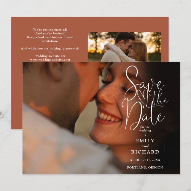 Terracotta 2 Photo Elegant Script Wedding QR Code Save The Date (Front/Back)