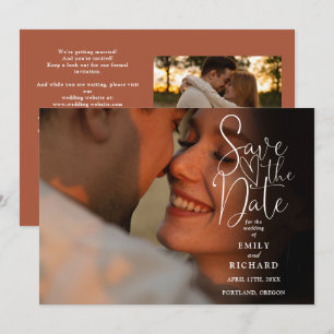 Terracotta 2 Photo Elegant Script Wedding QR Code Save The Date