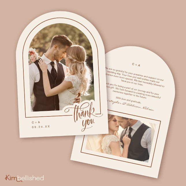 Terracotta 2 Photo Wedding Thank You Card (Front + Back | 5" x 7" invitation with Arch Corner Type)