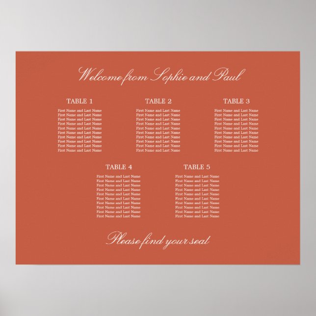 Terracotta 5 Table Wedding Seating Chart Poster (Front)