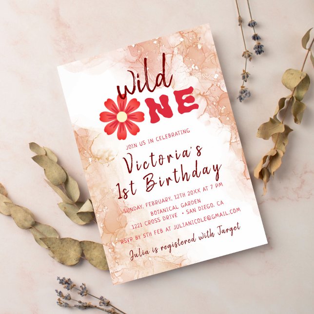 Terracotta Alcohol Ink Wildflower Photo Birthday Invitation (Creator Uploaded)