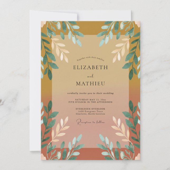 Terracotta Amber Painted Leafy Wedding Invitation (Front)