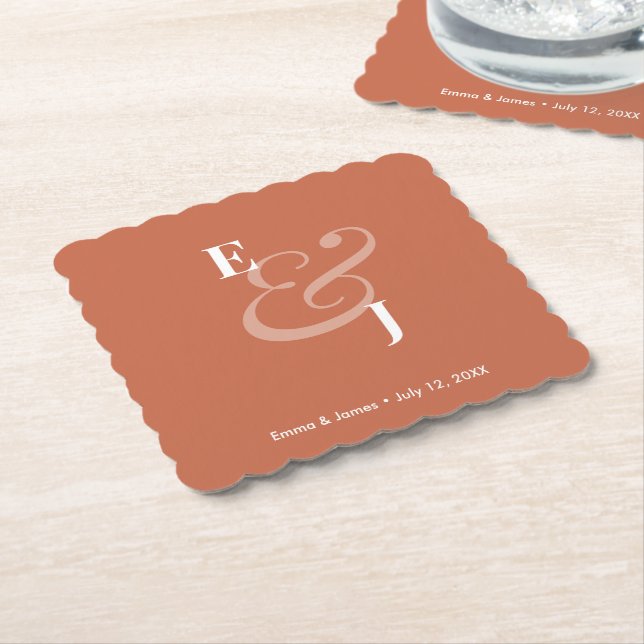 Terracotta Ampersand Wedding | Reverse Cocktail Paper Coaster (Angled)