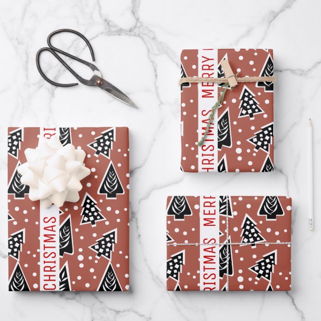 Terracotta and black Merry Christmas trees holiday Wrapping Paper Sheet (Front)
