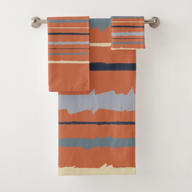 Terracotta and Blue Abstract Stripes Bath Towel Set (Insitu)