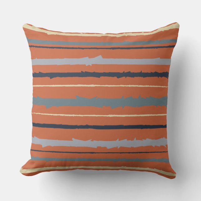 Terracotta and Blue Abstract Stripes Cushion (Front)