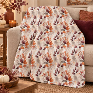 Terracotta and Burgundy Fall Leaves Boho Autumn Fleece Blanket