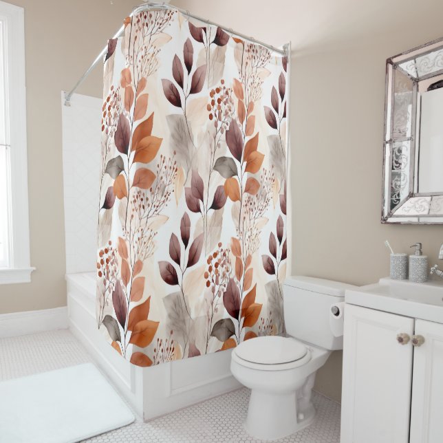 Terracotta and Burgundy Fall Leaves | Boho Autumn Shower Curtain (In Situ)