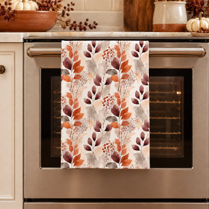 Terracotta and Burgundy Fall Leaves Boho Autumn Tea Towel