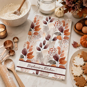 Terracotta and Burgundy Fall Leaves   Custom Boho Tea Towel