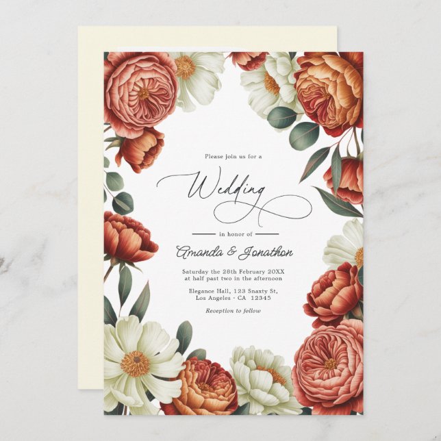 Terracotta and Cream Watercolor Floral Wedding Invitation (Front/Back)