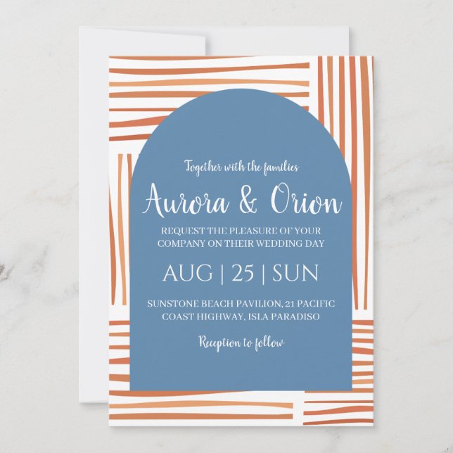 terracotta and dusty blue wedding invitations (Front)