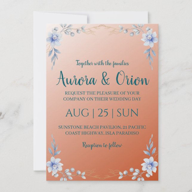 terracotta and dusty blue wedding invitations (Front)