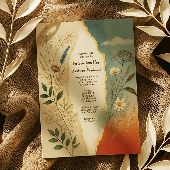 Terracotta and Dusty Teal Rustic Sunset Wildflower Invitation (Creator Uploaded)