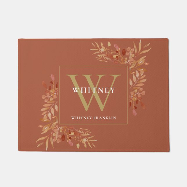 Terracotta And Gold Monogram Rustic Floral Doormat (Front)